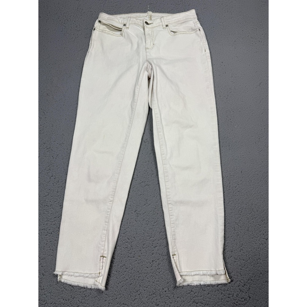 Eileen Fisher Jeans Womens 10 White Light Wash Ankle Crop Fringe Hem USA